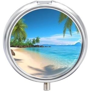 Hawaiiaans strand met palmbomen pillendoosje reizen pillendoosje voor portemonnee zak wekelijkse geneeskunde organizer met spiegel 3 compartimenten rond medicijnetui draagbare pillenhouder voor