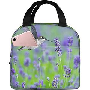 JYQCNSMJYB2 Vogels in paarse lavendel bloemen bloemen print geïsoleerde lunchbox voor dames en heren, lichte duurzame draagtas voor kantoor, werk, school