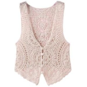 Mouwloze Bloemen Gehaakt Vest Voor Vrouwen - Wit V-Hals Holle Mandala Bloem Open Voorknop Kort Sjaal Gebreid Boho Hippie Gilet Blouse Zomer Bikini Cover Up - Beige