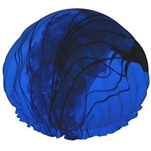 Kwallen, blauwe bedrukte douchemuts dubbellaagse waterdichte badmuts met elastische band voor vrouwen