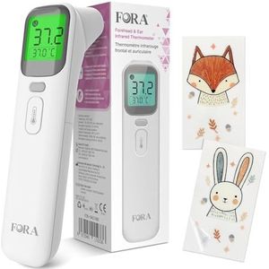 FORA Voorhoofd- en Oorthermometer – De Ideale Koortsthermometer en Voorhoofdtermometer voor Baby’s en Volwassenen, Met Kleuraanwijzing, Geheugenfunctie en Stiltemodus