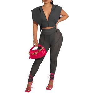 Damesmode 2-delige Outfits Sexy V-hals Mouwloos Met Capuchon Crop-top En Mesh Doorzichtige Bodycon Lange Broek Sets (Color : Black, Size : L)