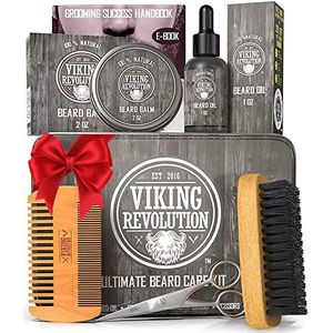 Viking Revolution Beard Care Kit for Men - Kit includes 100% Boar Beard Brush, Wooden Comb, Beard Balm, Beard Oil, Beard & Mustache Scissors in a Metal Box