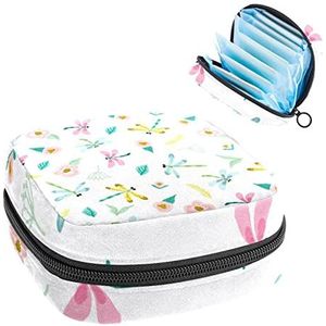 Periode Pouch Draagbare Tampon Opbergtas,Tampon Houder voor Portemonnee Vrouwelijke Product Organizer,Aquarel Libel Bloemen Bladeren, Multi kleuren, 4.7x6.6x6.6 in/12x17x17 cm