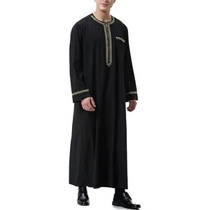 Kaftan voor heren, moslims, met ronde hals, lange mouwen, retro tuniek, zwart, XL
