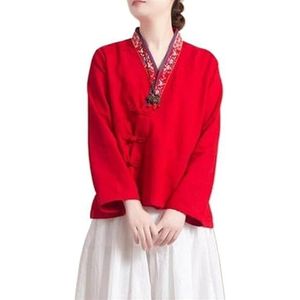 Chinese Stijl Retro Katoen Linnen Top Dames Plus Size Borduren Traditionele Hanfu Blouse Lange Mouw Flowy Shirt (Color : Red, Size : XL)