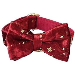 Gepersonaliseerde halsband Kerst Rood Fluwelen Vlinderdas Pet Collar en Leash Set met Golden Stars Festival Hond Sterke bescherming veilige dierenriem (Kleur: zwart, Maat: M hals 27-41cm)