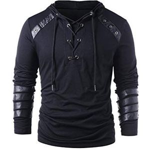 Helymore Heren capuchontrui met trekkoord, Steampunk, gothic sweatshirt, lange mouwen, voor ridder medieval, bandage van leer, zwart, zwart, 3XL