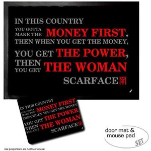 1art1 Scarface, Money First, Then Power, Then You Get The Woman, Tony Montana Deurmat (70x50 cm) + Muismat (23x19 cm) Cadeauset
