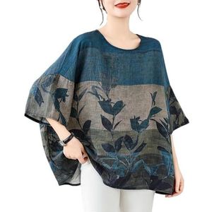 Oversized Katoen Linnen T-shirts Voor Dames Chinees Overhemd In Retro Etnische Stijl Tops Ronde Hals Halve Mouwen Losse Blouse(Color:Blue)