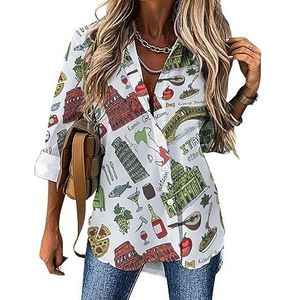 Italië Oriëntatiepunt Pisa Tower en voedsel blouses voor vrouwen casual shirts met lange mouwen Hawaiiaanse Button Down Tees Tops M