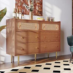 Aunvla Ladekast met 6 laden, rotan dressoir, highboard voor slaapkamer en alle woonruimtes, walnoot H90/B120/T40 cm