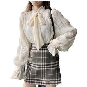 ROUZIHU Shirt met strik en knoopsluiting, temperament, lange mouwen, chiffon, opstaande kraag, geplooid, trompetmouw, 1 kleur, XXL