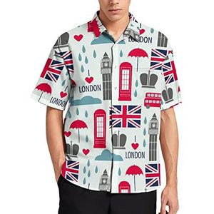 Londense symbolen en Britse vlag heren T-shirt met korte mouwen casual button down zomer strand top met zak