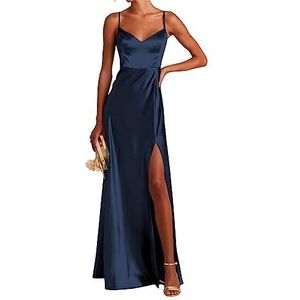 YIANN Galajurk off-shoulder lange spaghettibandjes plus size satijnen mouwloze avondjurk met split voor vrouwen, Donkerblauw, 32
