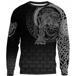 Noorse Mythologie Fenrir Wolf Sweatshirt - Nieuw Hip Hop 3D Print Tattoo Viking Heren Trui met Ronde Hals - Pagan Lange Mouw Feest Evenement Cosplay Kostuum (Color : Black, Size : S)