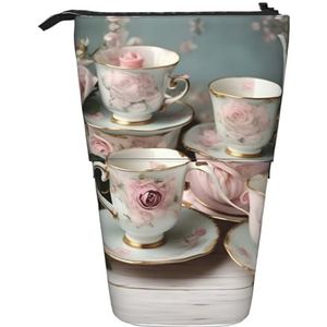 Nbtghga Theekopjes met rozen romantische print potlood telescopische klassieke kunst stand up etui organisator potlood houder make-up tas cadeau, Zwart, Eén maat