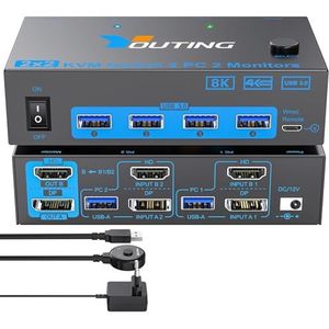YOUTINGHDAV 2x2 KVM Switch 2 PC 2 monitoren HDMI DP, USB 3.0 KVM Switch Dual Monitor 8K @60Hz HDMI 2.1, 4K @144Hz Displayport 1.4 voor 2 PC delen muis toetsenbord met kabelafstandsbediening