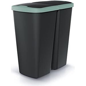 HRB Duo Bin vuilnisemmer, 2 vakken, zwart/groen, ideale afvalemmer, keuken met 2 x 25 l afvalemmer, scheidingssysteem, praktische afvalemmer voor afvalscheiding