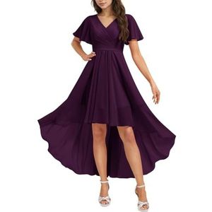 HPPEE Chiffon bruidsmeisjesjurk voor dames, met mouwen, geplooid, hoge lage V-hals, formele avondfeestjurk, Druif, 32