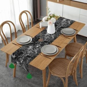 Tafelloper, imitatie linnen tafelloper met kwastjes tafeldecoratie voor thuisfeest, zwart zilver grafiet grijze marmeren steen