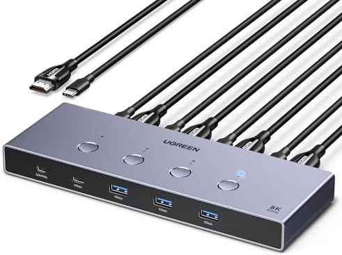 UGREEN - HDMI 2.1 KVM Switch - 4 In 1 Out - 8K@60Hz - 4 USB 3.0 Poorten - Delen van 1 Monitor