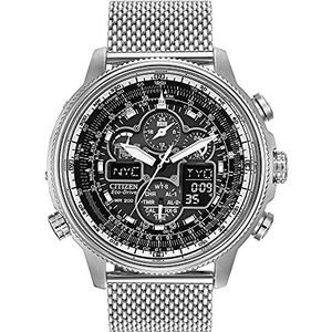 Citizen Navihawk JY8030-83E Eco Drive horloge met zwarte wijzerplaat, analoog/digitaal display en zilveren roestvrijstalen armband, zwart, armband