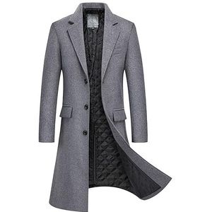 Wollen Trenchcoat for Heren Lange Overjas Met Enkele Rij Knopen Gewatteerd Gevoerd Mengsel Effen Zakelijk Normale Pasvorm (Color : Gray, Size : Men-S)