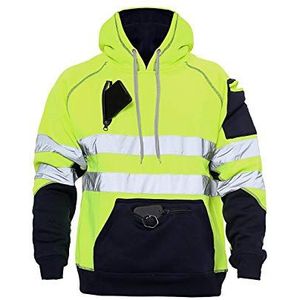 janisramone Heren Jongens Nieuwe Hi Vis Reflecterende Zichtbaarheid Hoody Contrast Patch Fleece Sweatshirt Werk Hoodie Jas, 3 ritszak neon geel/marineblauw, XL