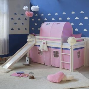 Homestyle4u 2554, hoogslaper voor kinderen, wit, 90 x 200 cm, hout, grenen roze, hoogslaper met tunnel, ladder, gordijn, glijbaan lattenbodem