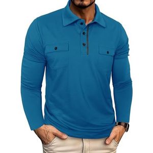 Herenoverhemden Lange mouwen Casual T-shirts met knopen Casual stijlvolle basic tops met zak Herfst Winter outfits Katoenen basic T-shirts(Blauw,3XL)