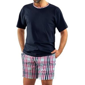 sesto senso Herenpyjama, korte pyjama, katoen, korte mouwen, T-shirt, pyjamabroek, tweedelige set, T-shirt - donkerblauw; broek - wit en roze geruit, XL