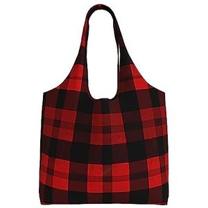 YNCATXZ Geruite Rode en Zwarte Canvas Tote Bag voor Vrouwen Esthetische Boodschappentassen Schoudertas Herbruikbare Boodschappentassen, Zwart, Eén maat