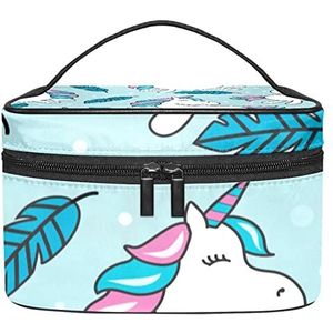 Leuke Cartoon Eenhoorn Blad Patroon Make-up Organizer Bag, Reizen Make-up Tas Organizer Case Draagbare Cosmetische Tas voor Vrouwen en Meisjes Toiletartikelen, Meerkleurig, 22.5x15x13.8cm/8.9x5.9x5.4in