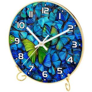 YTYVAGT Wandklok, klokken voor woonkamer, werkt op batterijen, vlindergroen en blauw, ronde stille klok 23,9 cm