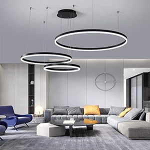 LED Hanglamp Woonkamer Lamp Kroonluchter Dimbaar Met Afstandsbediening Hanglampen Moderne Eettafellampen Aluminium Rond Acryl Verlichting Plafond,Black,3laps60+80+100cm