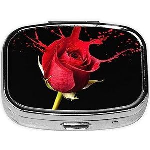 Rode roos met rode spatten bedrukte pillendoos 2 compartimenten geneeskunde pillenorganisator draagbare kleine pillendoos voor zak of portemonnee pillendoos