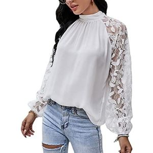 PKYGXZ Vrouwen Witte Chiffon Kant T-shirts Coltrui Bladerdeeg mouw Lange mouwen Shirts Blouse Elegante Blouses Losse Pullover Tops Tee, Wit, XL