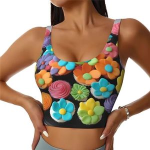 YQTGBCED Kleurrijke cupcakes regenboog bloem taart print gewatteerde tank tops met ingebouwde beha, perfect voor yoga, training en hardlopen, Zwart, S