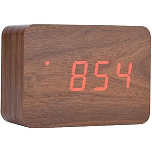 Wekker Digitale klok Houten elektronische klok met LED-temperatuurweergave Nachtklok met geluidsregeling(Bruin hout + rood licht)