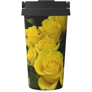 EdWal 500 ml koffiemok met gele rozenprint, geïsoleerde campingmok met deksel, reisbeker, geweldig voor elke drank