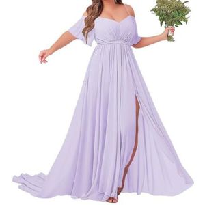 Off-shoulder bruidsmeisjes jurken met mouw - chiffon grote maten formele jurk, Lila, 32