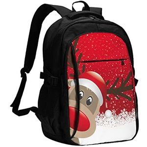 MORYEN Vrolijk kerstfeest leuke cartoon eland bedrukte reisrugzak laptop rugzakken zakelijke werktas met USB-oplaadpoort, Zwart, One Size