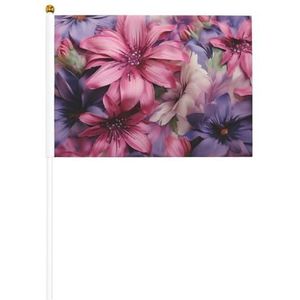 Paarse en roze bloemen 6/10 stuks draagbare kleine vlaggen, mini-vlaggen met 30 cm paal voor wedstrijden, outdoor optochten en feestdecoraties, één maat