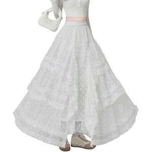 KWISUAWHGA Vrouwen Bloemenkant Mesh Tule Maxi-Rokken Hoge Taille Vloeiende A-Lijn Gelaagde Onregelmatige Casual Rok met Voering,Wit,3XL