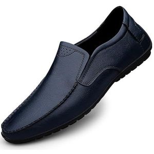 Loafers for heren, ronde neus, kunstleer, effen kleur, loafers, flexibele platte hak, antislip, casual instapper (Color : Blue, Size : 43 EU)
