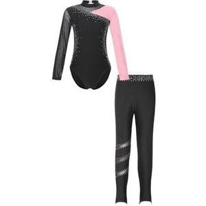 NUOYIXUAN Gymnastiekpak, glanzend yoga-trainingspak met leggings, balletdanspak voor kinderen, kunstschaatskostuum voor meisjes (roze-zwart, kleur 11)