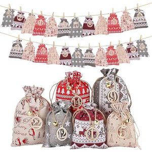 Candy Bag Christmas Countdown, 24Pcs Advent Calender Treat Bag, Christmas Advent Calendar Burlap Bags, DIY Drawstring Gift Bags For Kids Adults Gifts