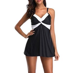 KEERADS Tankini Buikweg voor dames, grote maten, push-up gevoerd badpak, badmode, zwempak, strandmode, zwemjurk, bovendeel + slip/shorts, zwart, M