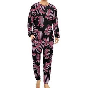 Retro Kleuren Roze Lint Borstkanker Mannen Pyjama Set Lounge Wear Lange Mouw Top En Bodem 2 Stuk Nachtkleding